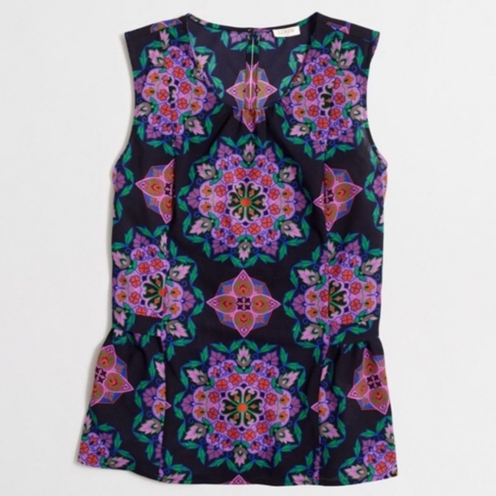 J Crew Sz 0 navy purple peplum flounce top